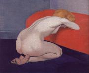 Felix Vallotton Nude Kneeling against a red sofa painting